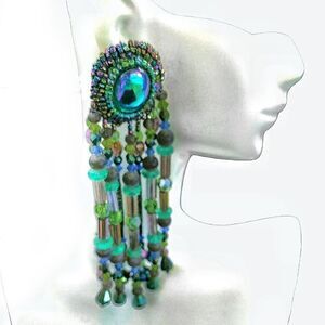 Vintage hand beaded shoulder duster blue iridescent chandelier earrings clip